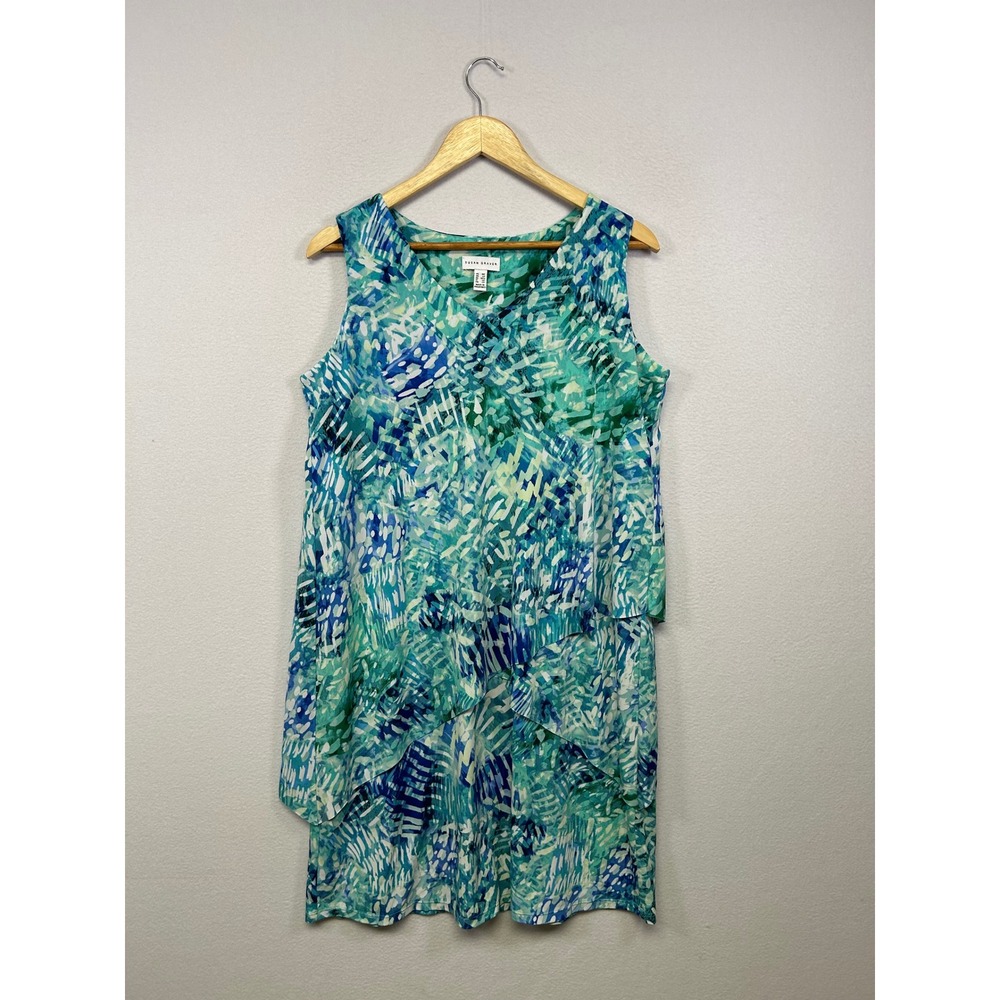 Coastal Abstract Susan Graver Women MP Teal Blue Tiered Sleeveless V-Neck Dress